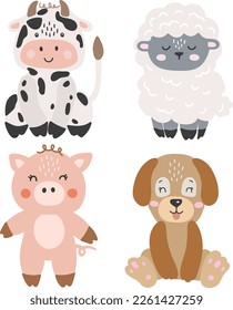 Farm animals isolated vector, Cute Animals collection, Farm Clipart, Portrait animal vector, Baby animal elements set