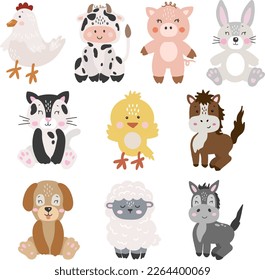 Farm animals isolted vector, Cute Animals collection, Farm Clipart, Portrait animal vector, Baby animal elements set