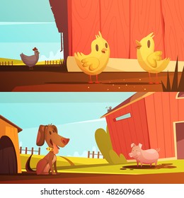 Farm animals for kids 2 horizontal cartoon style banners with  doghouse for guard dog isolated vector illustration 