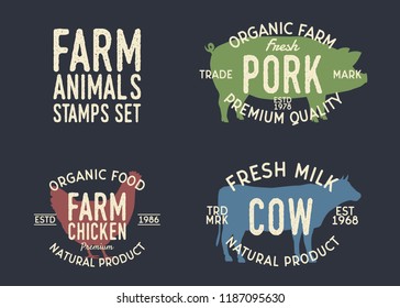 Farm animals labels. Set of 3 farm animals stamps for farmer markets, restaurants and shops of organic food. Silhouettes of Cow, Pig and Chicken. Vector illustration 