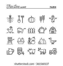 Farm, Animals, Land, Food Production And More, Thin Line Icons Set, Vector Illustration