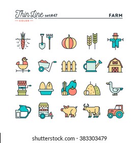 Farm, animals, land, food production and more, thin line color icons set, vector illustration