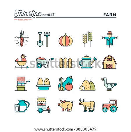 Farm, animals, land, food production and more, thin line color icons set, vector illustration