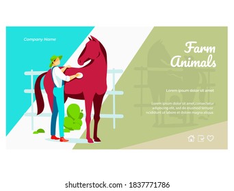 Farm animals landing page. Male farmer taking care of horse animal on farmyard. Eco farming and agricultural industry website, homepage flat vector illustration