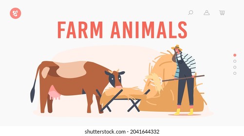 Farm Animals Landing Page Template. Farmer Woman Feeding Cow with Dry Straw. Female Character at Work Caring of Domestic Cattle. Agriculture, Rancher Working Activity. Cartoon Vector Illustration