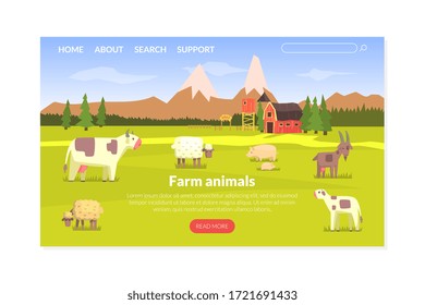 Farm Animals Landing Page Templte, Milk and Dairy Agriculture Products Website, Homepage, Mobile App Vector Illustration