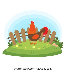 Farm animals with landscape - cartoon vector illustration with rooster