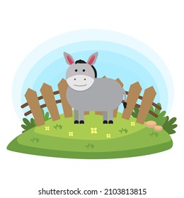 Farm animals with landscape - cartoon vector illustration with donkey