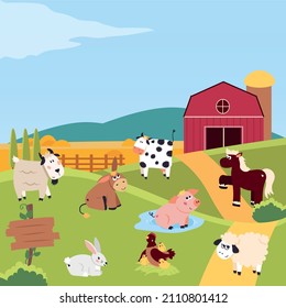 Farm animals with landscape - cow, goat, donkey, pig, horse, sheep,  chicken, hen, rabbit. Cute cartoon vector illustration in flat style. Farm pets colorful collection. Cute domestic animals set.