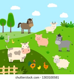 Farm Animals Landscape Cow Pig Sheep: Vector De Stock (libre De ...