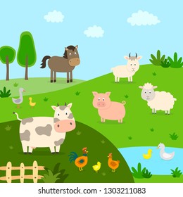 Farm animals with landscape - cow, pig, sheep, horse, rooster, chicken, duck, hen, goose. Cute cartoon vector illustration in flat style.