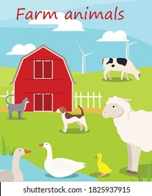 Farm animals with landscape - cow, pig, sheep, horse, donkey, goose, cat, dog. Cute cartoon vector illustration in flat style