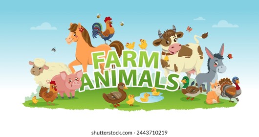 Farm animals with landscape - cow, pig, sheep, horse, rooster, chicken, donkey, male, goose, duck, cat, dog. Cute cartoon vector illustration in flat style