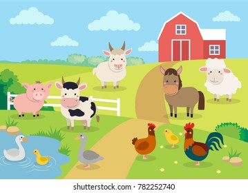 Farm Animals With Landscape - Cute Cartoon Vector Illustration With Farm, Cow, Pig, Horse, Goat, Sheep, Ducks, Hen, Chicken And Rooster