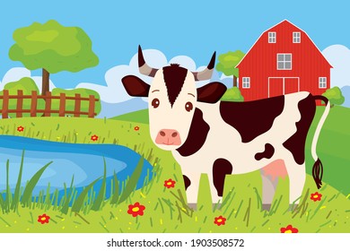 Farm Animals With Landscape. Cute Vector Illustration In Cartoon Style With Cow, Farm And House. Illustration For The Design Of A Postcard, Calendar, Puzzles, Children's Book, Poster.