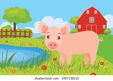 Farm animals with landscape. Cute vector illustration in cartoon style with baby pig, farm and house. Illustration for the design of a postcard, calendar, puzzles, children's book, poster.