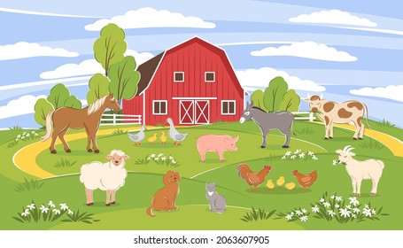 Farm animals with landscape - horse, cow, donkey, pig, sheep, goat, rooster, chicken, duck,  dog, cat. Vector illustration  different сute cartoon animals 