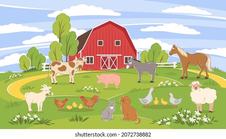 Farm animals with landscape - horse, cow, donkey, pig, sheep, goat, rooster, chicken, duck,  dog, cat. Vector illustration  different сute cartoon animals 