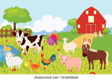 Farm animals with landscape: sheep, goat, pig, cow, horse, kitten, dog, duck, chick, chicken, rooster, turkey, house with a lawn and a lake. Cute vector illustration in cartoon style.