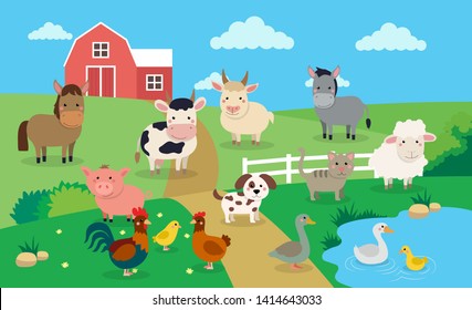 Farm animals with landscape - vector illustration in cartoon style, children's book illustration