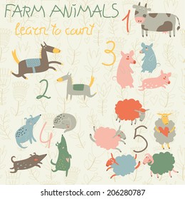 Farm animals. Learn to count. 1, 2, 3, 4, 5. Cute cow, horses, pigs, dogs, sheep in cartoon style.