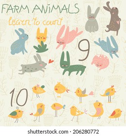 Farm animals. Learn to count. 9, 10.  Cute bunnies and chickens in cartoon style.