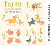 Farm animals. Learn to count part one. 1 cow, 2 horses, 3 dogs, 4 pigs, 5 geese. Funny cartoon childish illustrations in vector. Easy to learn figures with fun
