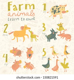 Farm animals. Learn to count part one. 1 cow, 2 horses, 3 dogs, 4 pigs, 5 geese. Funny cartoon childish illustrations in vector. Easy to learn figures with fun