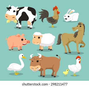 Farm Animals like Cow, Rooster, Cock, rabbit, pig, sheep, horse, duck, bull, hen, chicken. Vector illustration cartoon.