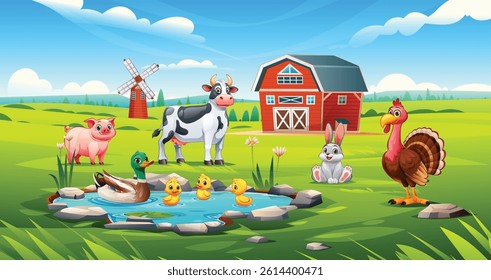 Farm animals like duck, cow, pig, rabbit and turkey near pond and barn in green meadow. Vector cartoon illustration