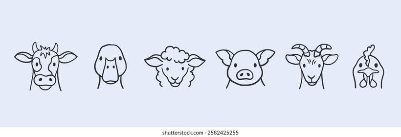 Farm animals like pork, hen, cow, sheep, goat and goose hand drawn vector outline icons set.