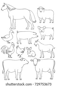 Farm animals line art set