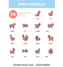 Farm animals - line design icons, set. High quality pictograms. Dog, cat, horse, pig, chicken, cow, goose, turkey, rabbit, sheep, goat, fish, duck, bees
