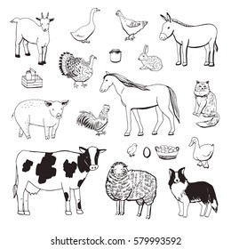 farm animals line graphic set