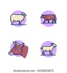 Conjunto de iconos de línea de animales de granja. Ovejas, vacas, cabezas de toro, cabras. Concepto de agricultura. Ilustración vectorial para Diseños web y App