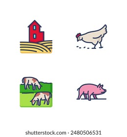 Conjunto de iconos de línea de animales de granja. Vacas, cerdo y pollo. Concepto agrícola. Ilustración vectorial para Diseños web y App