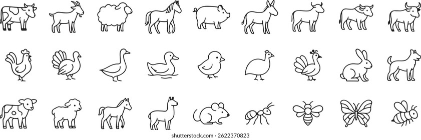 Conjunto de ícones da linha de animais de farm. Pictogramas vetoriais de ganso doméstico, peru, pintinho, pato, ovelha, cavalo, porco, burro, boi, ilustração linear fina.