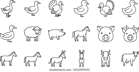 Conjunto de ícones da linha de animais de farm. Pictogramas vetoriais de ganso doméstico, peru, pintinho, pato, ovelha, cavalo, suíno, burro, boi, fino linear