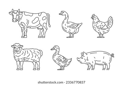 Farm animals line icons design. Cow, goose, duck, hen, sheep, pig illustrations. Domestic animals icons vector editable stroke. Farm line icons.