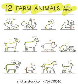 Farm Animals Line Icons. Flat vector illustration.