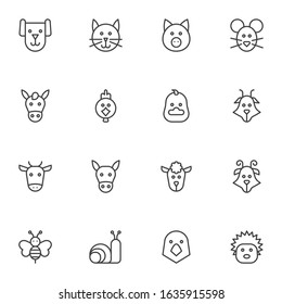 Farm animals line icons set. linear style symbols collection, Animals heads outline signs pack. vector graphics. Set includes icons as dog, cat, hen, mouse, horse, rooster, cow, chicken, goat, donkey