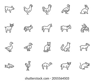 Farm animals line icons set. linear style symbols collection, outline signs pack. Domestic animals and birds vector graphics. Set includes icons as cow, bull, pig, chicken, turkey, ship, horse, goat 