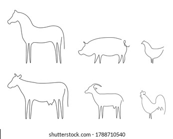 La línea de animales de granja define la ilustración vectorial. Cerdo, caballo, cabra, pollo, vaca y pollo aislados en blanco. Recogida de animales domésticos. Grupo de animales dibujado en línea continua.