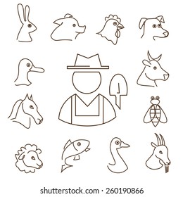 farm animals linear icons set, thin lines silhouettes of animals heads