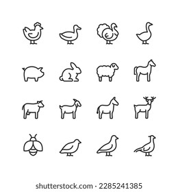 Farm Animals, linear style icons set. Animals that are raised on a farm, an animal for dairy products, eggs and meat. Editable stroke width svg