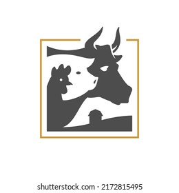 Farm animals livestock agriculture butchery shop geometry frame vintage logo vector illustration. Countryside cattle rooster pig and cow farming ecology meat production squared border isolated