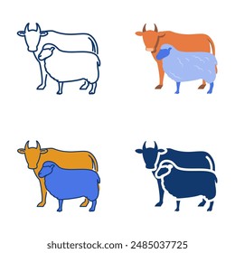 Farm animals, livestock icon set in flat and line style. Cow and sheep symbols. Vector illustration