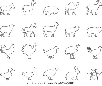 Farm Animals and Livestock Icons Set. Horse, Sheep, Goat, Rabbit. Editable Stroke. Simple Icons Vector Collection