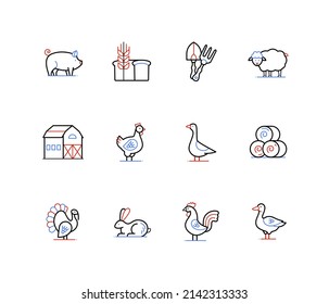 Farm animals and livestock - line design style icons set with editable stroke. Cattle and poultry for breeding. Pig, ram, grow cereals, barn house, chicken, goose, turkey, rabbit, country life idea