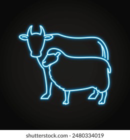 Farm animals, livestock neon line icon. Cow and sheep symbols. Vector illustration